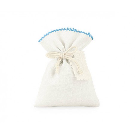 SACCHETTO AVORIO PIZZO AZZURRO C/BIGLIETTO COTONE 10x13cm 12pz