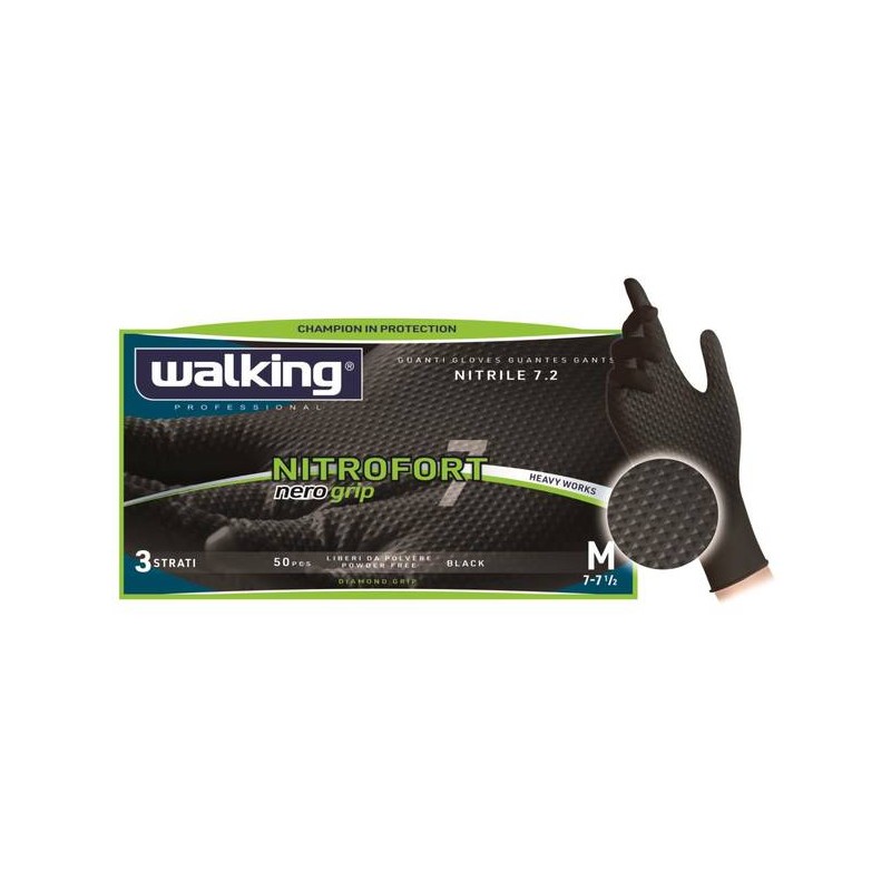 GUANTI NITRILE NITROFORT 7 GRIP WALKING NERO TG.M 50pz