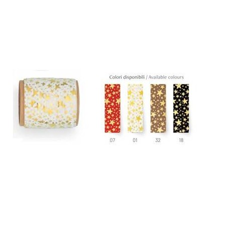 ROCCHETTO NASTRO C/STAMPA STELLINE ORO 68360  mm10x10mt COLORI ASS.TI 1pz