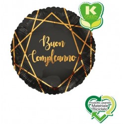 PALLONE MYLAR BUON COMPLEANNO GEOIDE NERO TONDO K-GREEN 18 45cm