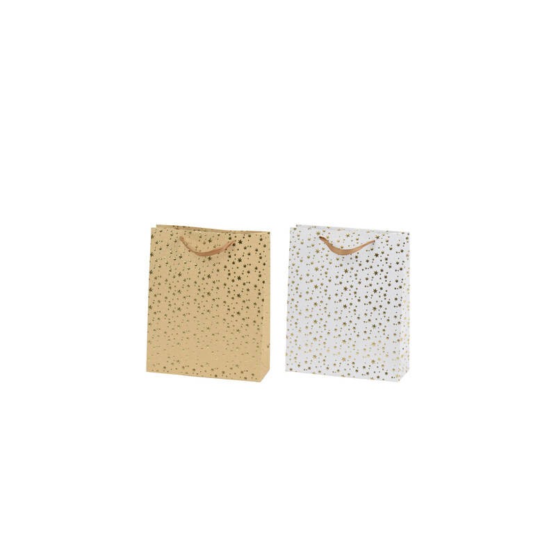 BORSA GIFTBAG IN CARTA 18x8x24cm STAMPA STELLINE ORO IN RILIEVO 2 COLORI ASS.TI 1pz