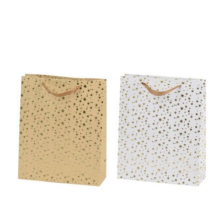 BORSA GIFTBAG IN CARTA 18x8x24cm STAMPA STELLINE ORO IN RILIEVO 2 COLORI ASS.TI 1pz