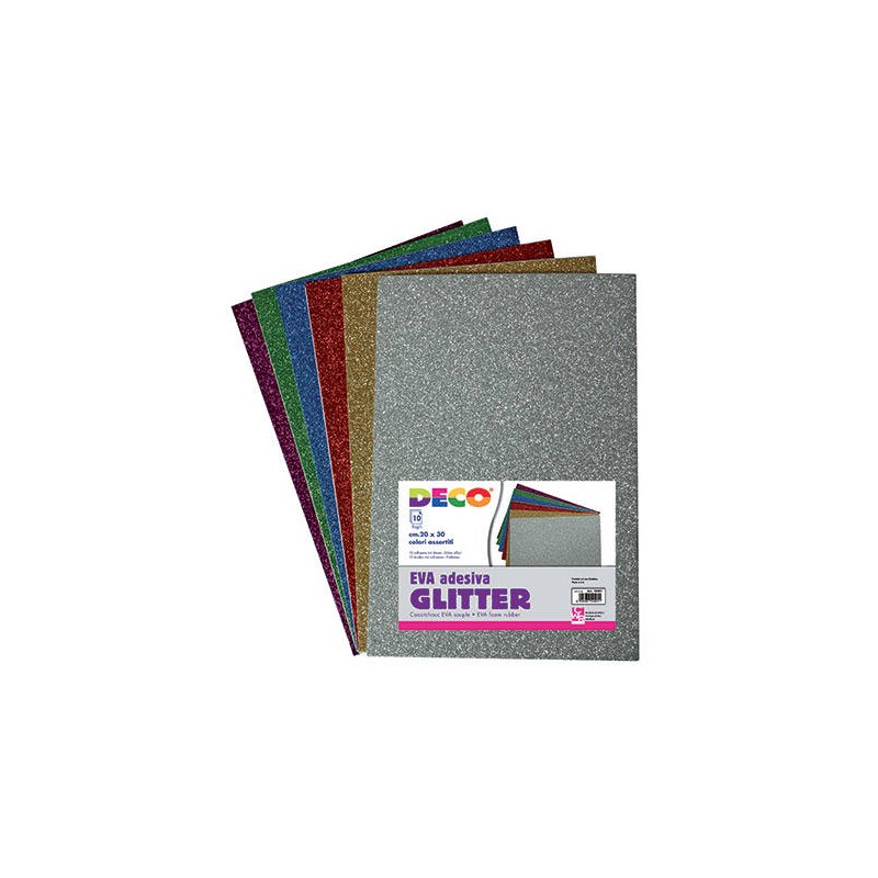 GOMMA EVA CREPP GLITTER ADESIVA 20x30cm ASS.TI 10pz