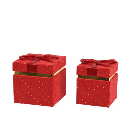 SCATOLA QUADRATA IN VELLUTO ROSSO E STRASS C/FIOCCO 12,5x12,5x12,5