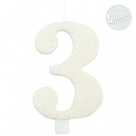 CANDELINA NUMERO 3 GLITTER BIANCA 9,5cm