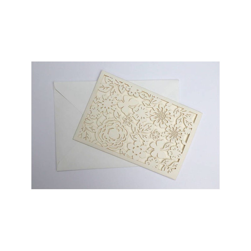 PARTECIPAZIONE +BUSTA LASER RICAMO FIORI AVORIO 12x18