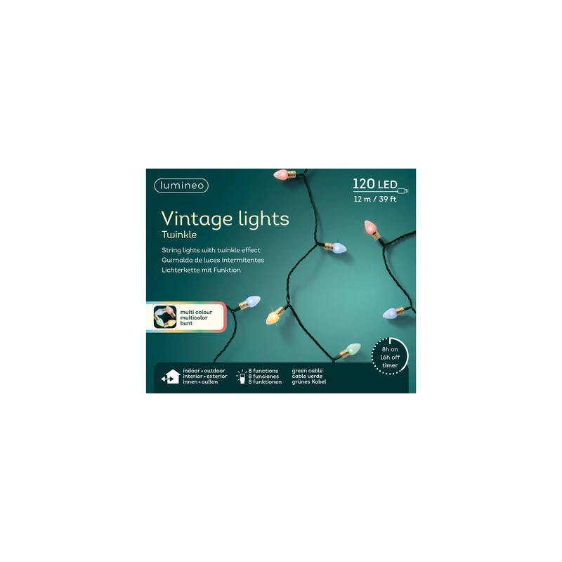 LUCI VINTAGE 120 LED 12mt FILO VERDE DA INTERNO ED ESTERNO COLORATE