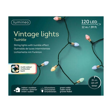 LUCI VINTAGE 120 LED 12mt FILO VERDE DA INTERNO ED ESTERNO COLORATE