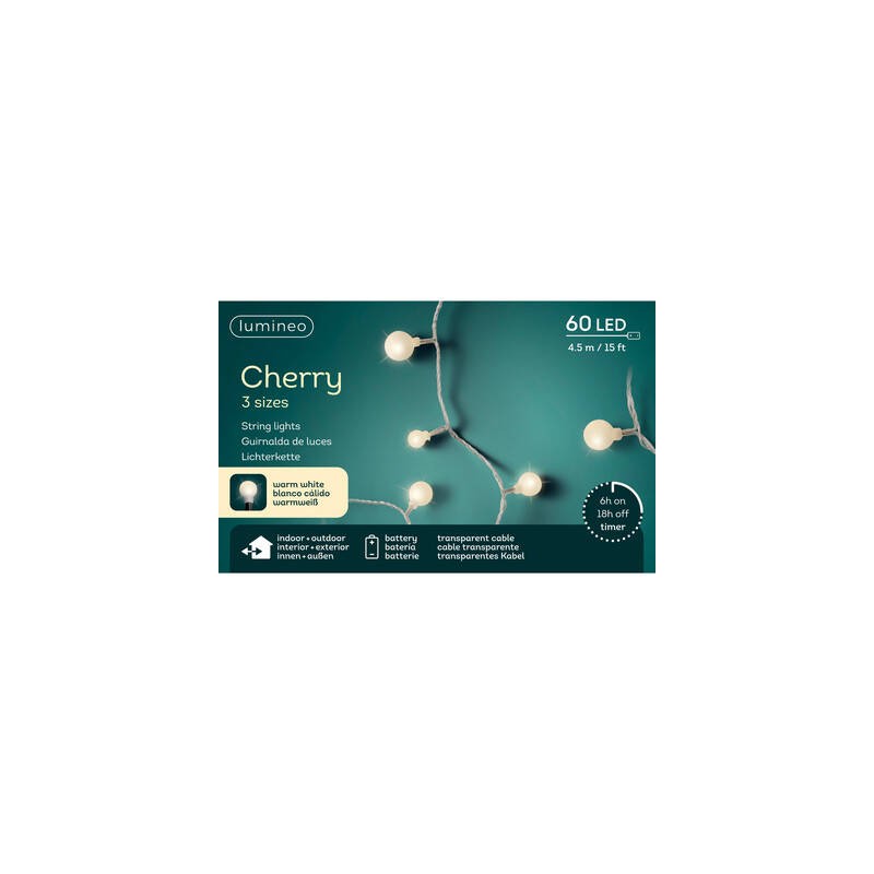 LED CHERRY 3 MIS. 60LUCI 4,5mt FILO TRASP. BIANCO CALDO INT/EST