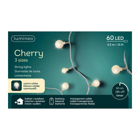 LED CHERRY 3 MIS. 60LUCI 4,5mt FILO TRASP. BIANCO CALDO INT/EST