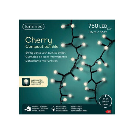 LED CHERRY 750LUCI BIANCO CALDO 16mt FILO NERO INT/EST