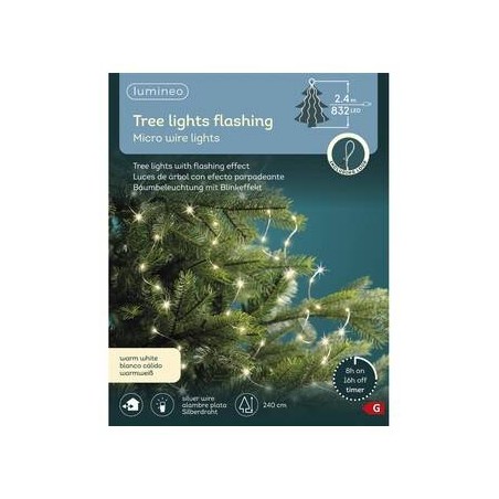 MICRO LED PER ALBERO 832LUCI BIANCO CALDO 2,4mt FILO ARGENTO