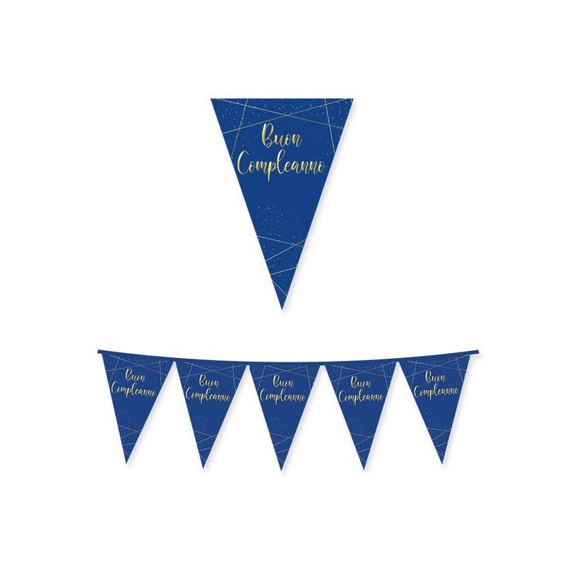 FESTONE BANDIERINE IN CARTA  BUON COMPLEANNO  BLU ORO 3mt