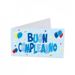 BIGLIETTINO BOMBONIERA 9x2,5cm BUON COMPLEANNO CELESTE 25pz