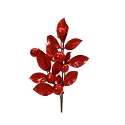 PICKS CON FOGLIE GLITTERATE E PALLINE ROSSE H.36cm
