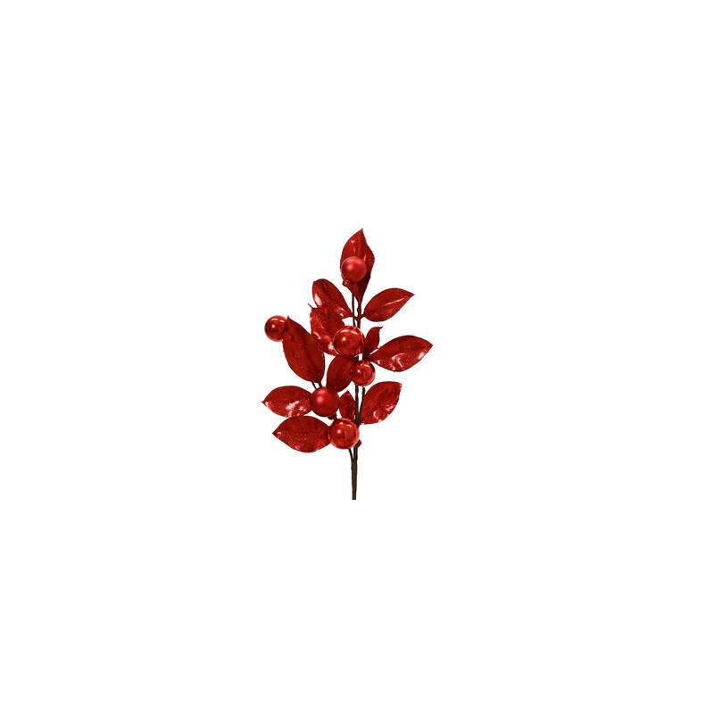 PICKS CON FOGLIE GLITTERATE E PALLINE ROSSE H.36cm