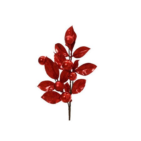 PICKS CON FOGLIE GLITTERATE E PALLINE ROSSE H.36cm