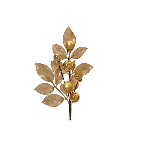 PICKS CON FOGLIE GLITTERATE E PALLINE ORO H.36cm