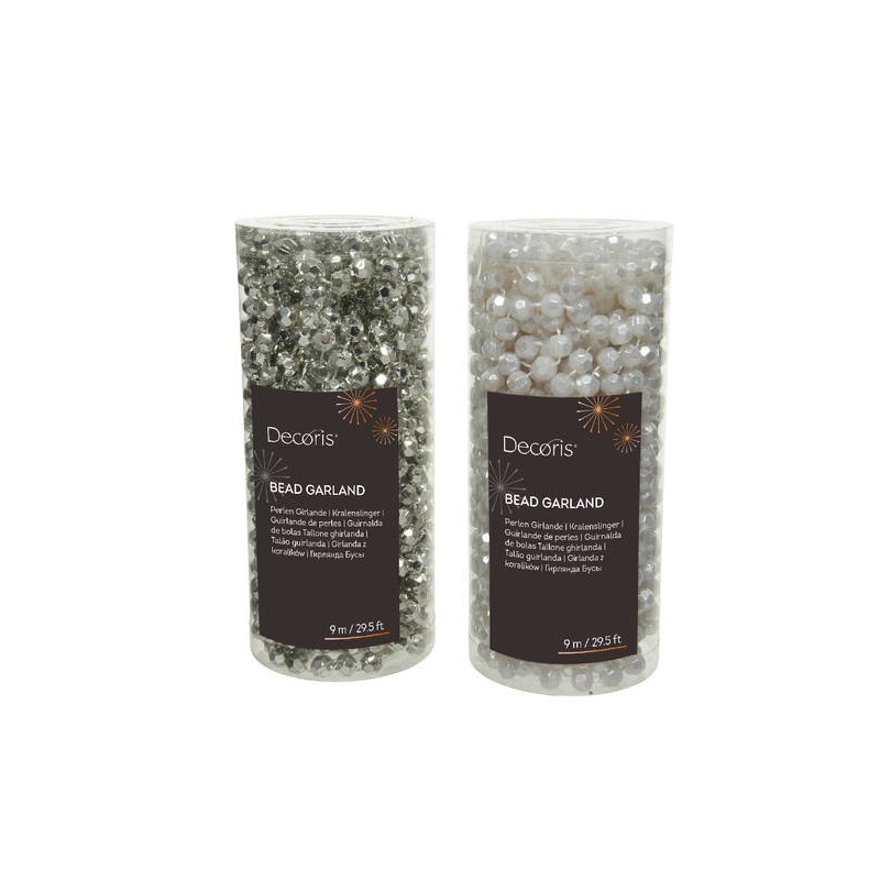 GHIRLANDA PERLE PLASTICA SILVER WHITE ASSORTITA 9mt