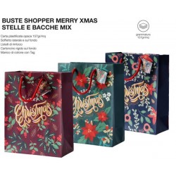 SHOPPER CARTA MERRY CHRISTMAS STELLE E BACCHE MIX 26+9x32cm