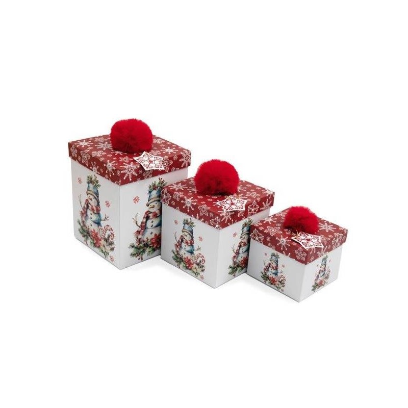 SCATOLA REGALO PUPAZZO DI NEVE 16,5x16,5x20,5cm C/POMPOM