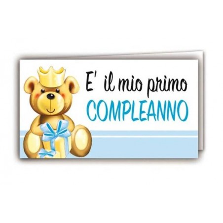BIGLIETTINO BOMBONIERA PRIMO COMPLEANNO ORSETTO AZZURRO 20pz