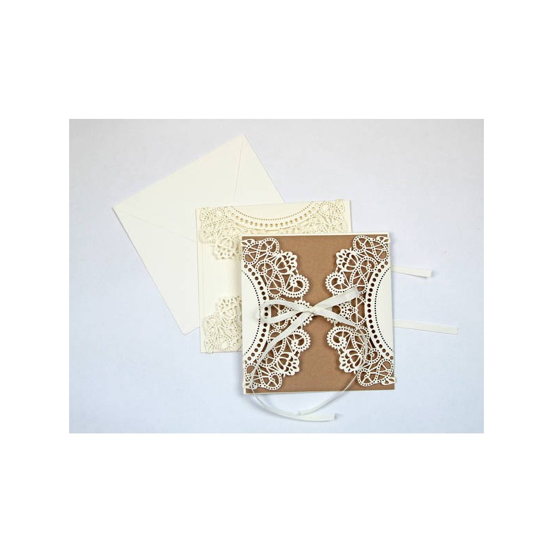 PARTECIPAZIONE LASER RICAMATA+BUSTA DOPPIO CART.AVORIO/BROWN 15X15