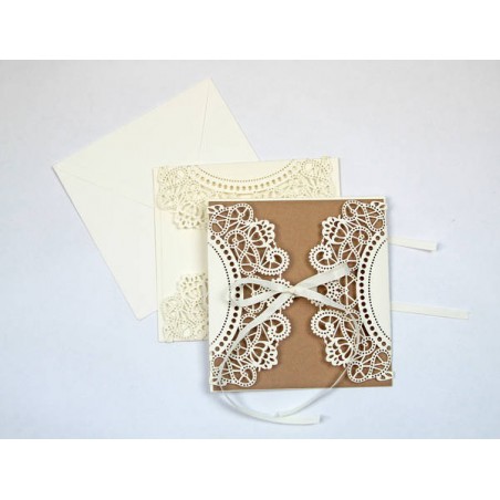 PARTECIPAZIONE LASER RICAMATA+BUSTA DOPPIO CART.AVORIO/BROWN 15X15
