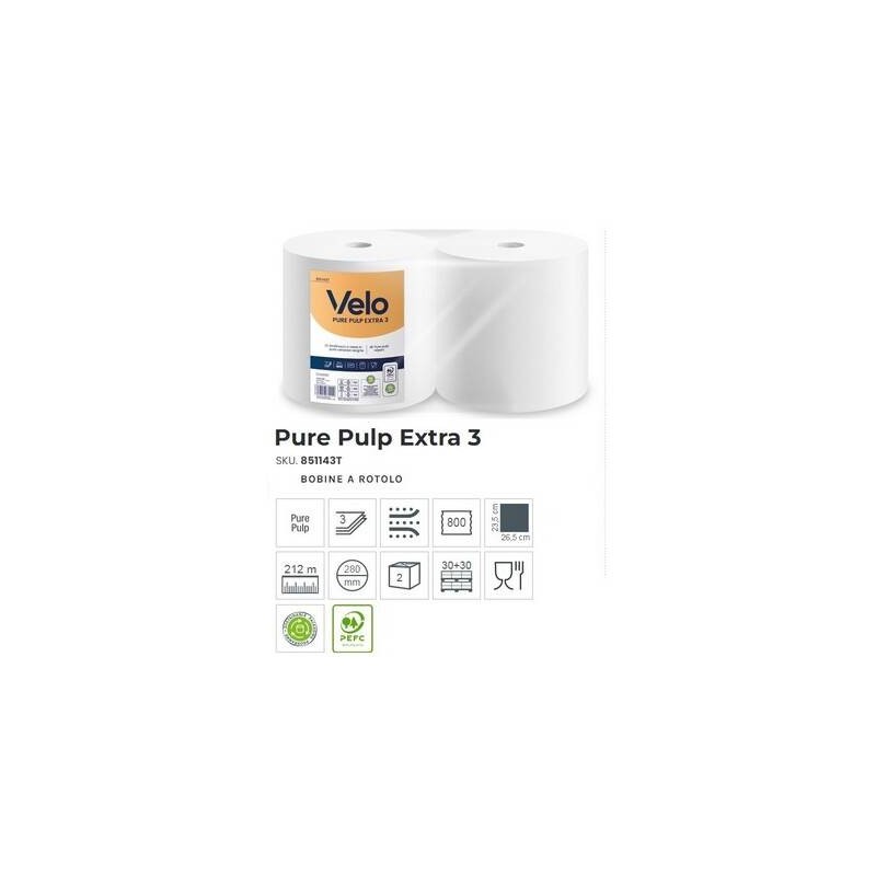 BOBINA 3 VELI  PURE PULP EXTRA 212mt 800 STRAPPI 2 ROTOLI VELO
