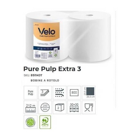 BOBINA 3 VELI  PURE PULP EXTRA 212mt 800 STRAPPI 2 ROTOLI VELO