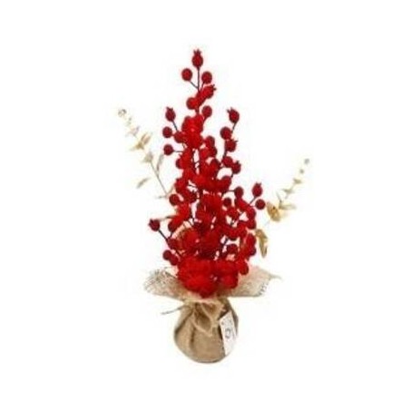 ALBERO DI BACCHE FLOCCATO BORDO' ED EUCALIPTO DORATO 15x15x42cm