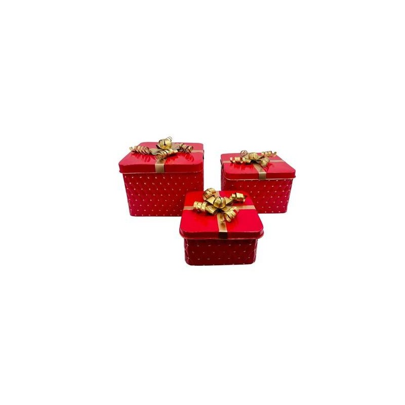 SCATOLA QUADRATA IN METALLO 30x30x27cm ROSSO C/FIOCCO ORO