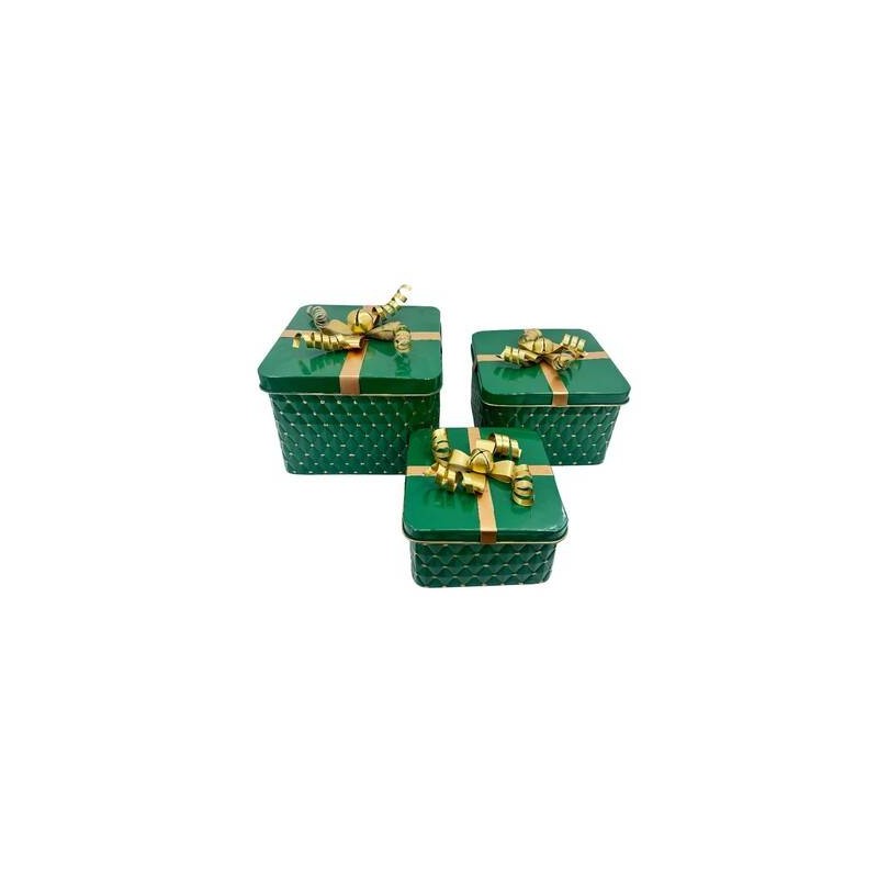 SCATOLA QUADRATA IN METALLO 22x22x15cm VERDE C/FIOCCO ORO
