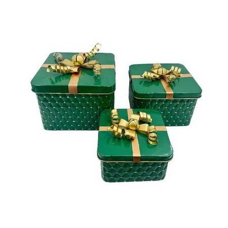 SCATOLA QUADRATA IN METALLO 22x22x15cm VERDE C/FIOCCO ORO