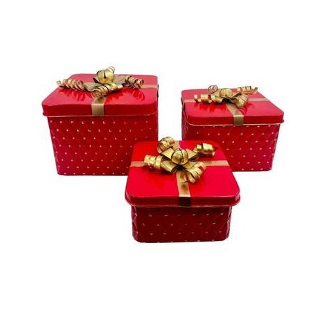 SCATOLA QUADRATA IN METALLO 26x26x21cm ROSSO C/FIOCCO ORO