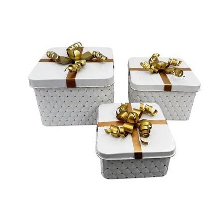 SCATOLA QUADRATA IN METALLO 22x22x15cm BIANCA C/FIOCCO ORO