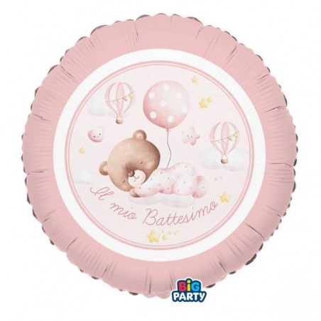 PALLONE MYLAR TONDO 45cm BATTESIMO BABY BEAR ROSA