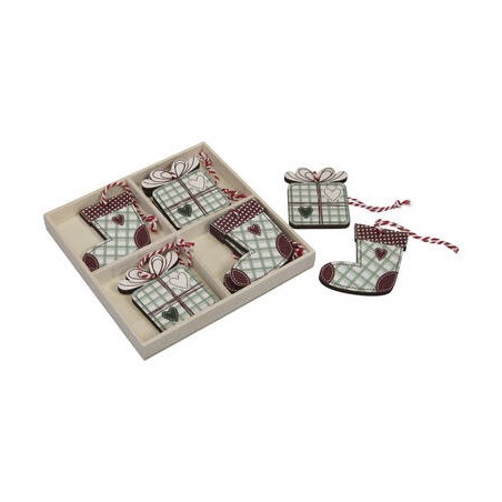 SET DI DECORAZIONI IN LEGNO DA APPENDERE A FORMA DI PACCO E CALZA NATALE ASS.TI 8pz