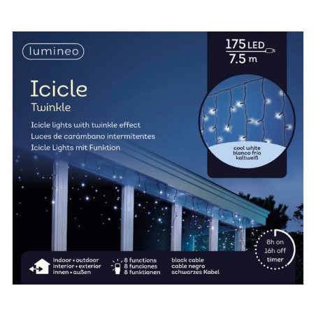 TENDA LUCE GHIACCIOLI 175 LED 7,5mt - FILO NERO - BIANCO FREDDO - INT/EST 8 FUNZ.
