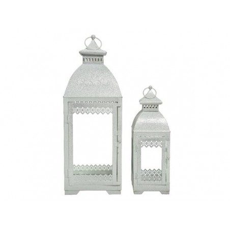 LANTERNA IN FERRO BIANCA C/GLITTER ARG SET 2pz 17x17x47cm 11x11x32cm