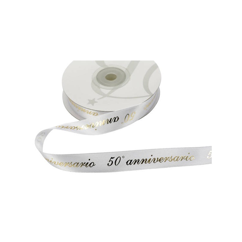 NASTRO RASO mm15x25mt 50° ANNIVERSARIO BIANCO-ORO