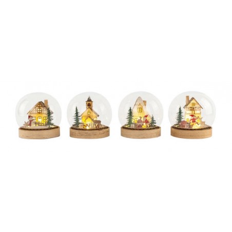 PALLA DI VETRO XMAS BASE LEGNO C/LED 14cm NATURAL ass.ti 1pz