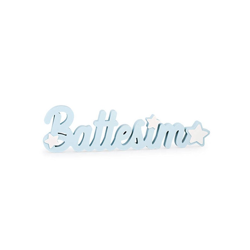 SCRITTA LEGNO BATTESIMO 55x30x14,7cm AZZURRO