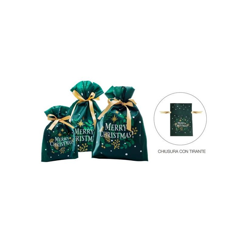 SACCHETTO TNT C/LACCIO STAMPA MERRY CHRISTMAS 20x30cm VERDE BOSCO 10pz