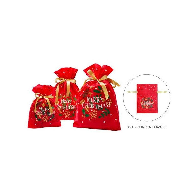SACCHETTO TNT C/LACCIO STAMPA MERRY CHRISTMAS 20x30cm ROSSO 10pz