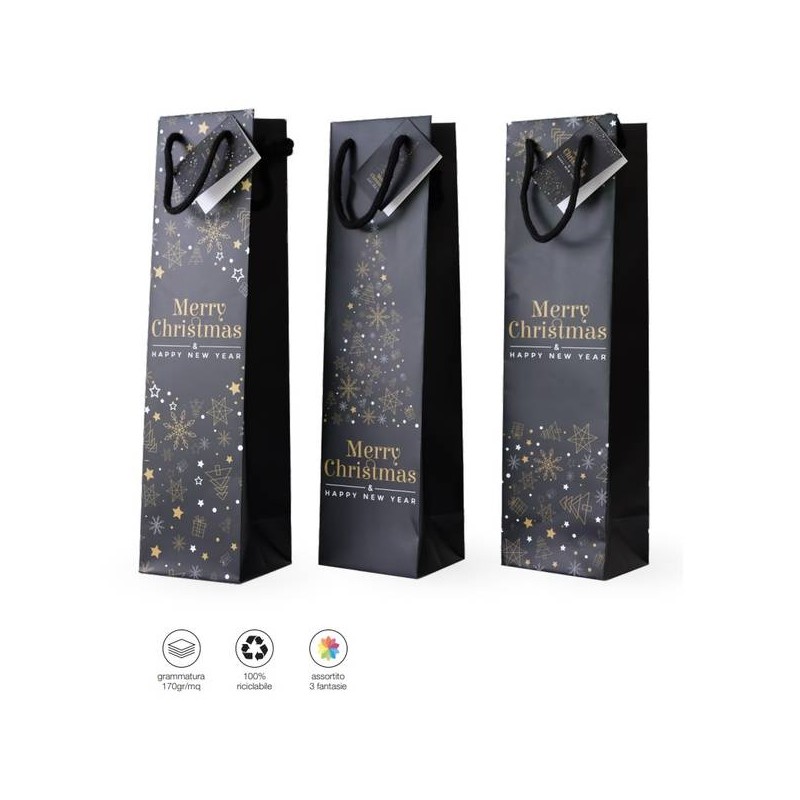 SHOPPER PORTA BOTTIGLIA WINE BLACK CHRISTMAS 10+9x39cm