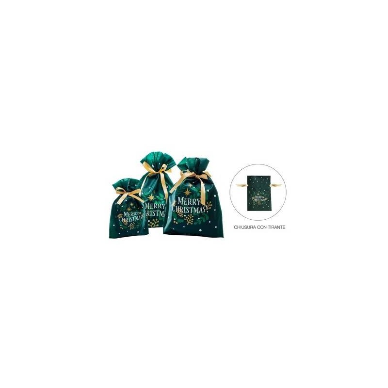 SACCHETTO TNT C/LACCIO STAMPA MERRY CHRISTMAS 30x45cm VERDE BOSCO 10pz