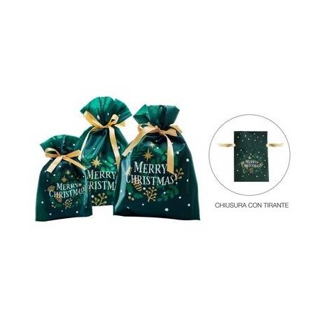 SACCHETTO TNT C/LACCIO STAMPA MERRY CHRISTMAS 30x45cm VERDE BOSCO 10pz