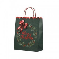 BORSA IN CARTA 26x12x32cm MERRY CHRISTMAS VERDE C/TAG FIOCCO