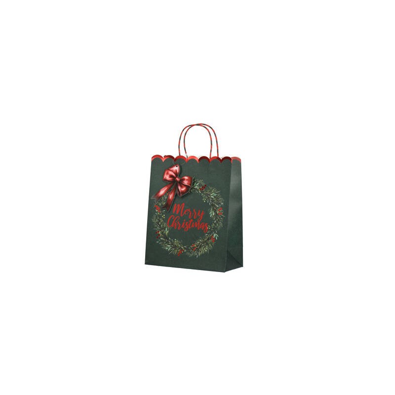 BORSA IN CARTA 26x12x32cm MERRY CHRISTMAS VERDE C/TAG FIOCCO
